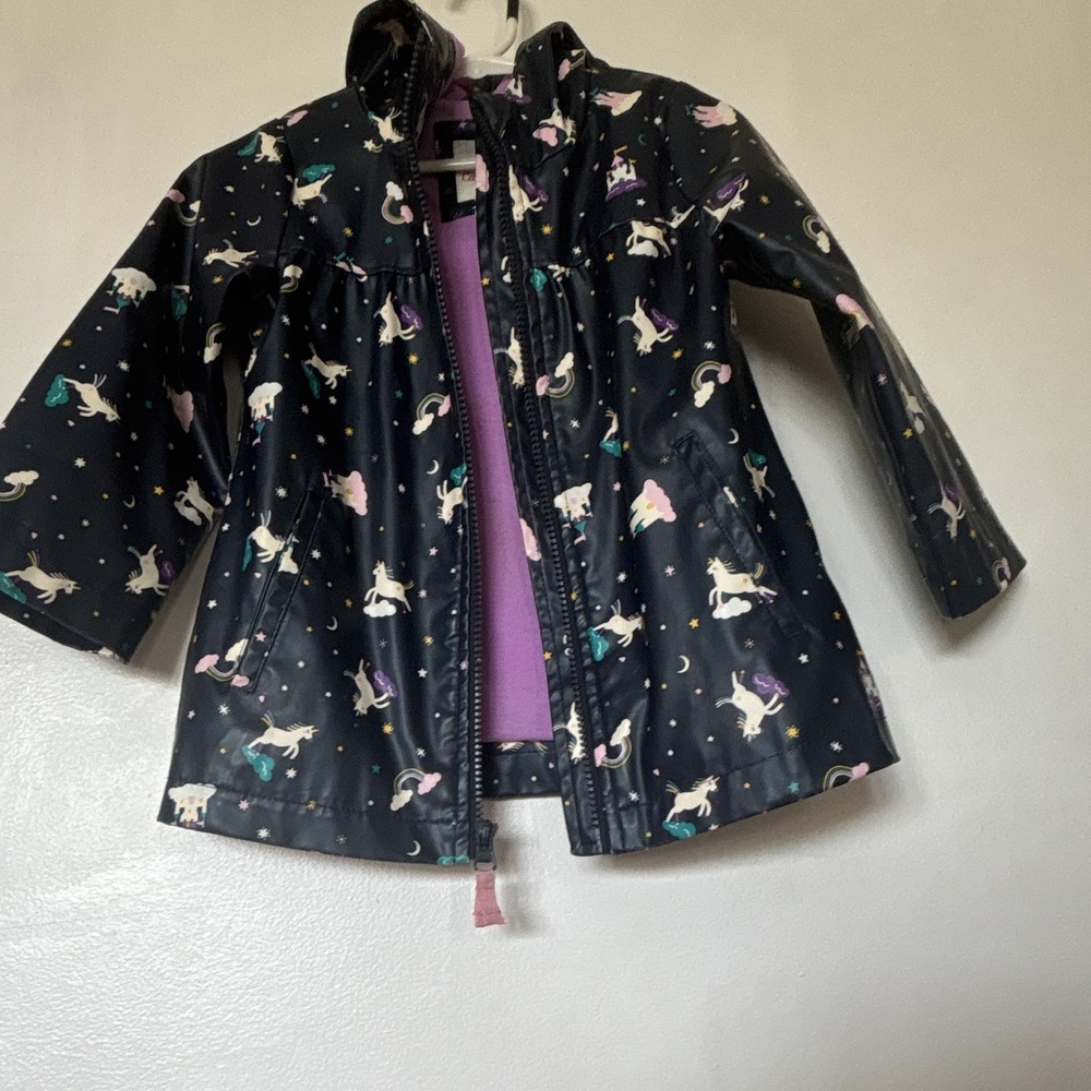 Cat & Jack Girls 2T Hooded Rain Coat Unicorn Print Full Zip Pockets